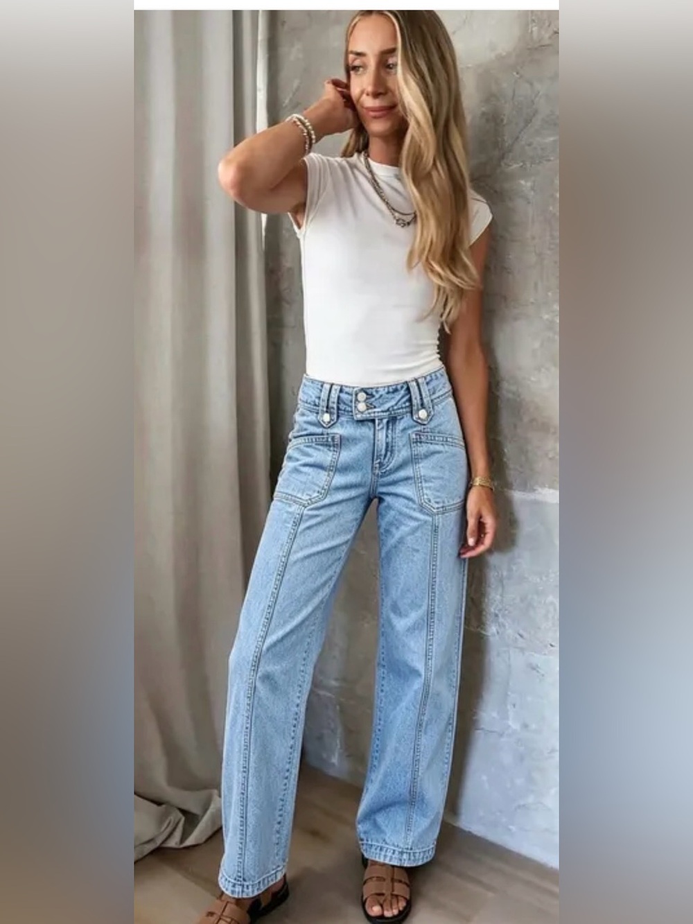 Flamingals Wash Asymmetrical Stitch Detail Mid Waist Straight Leg Jeans - Picture 11 of 14
